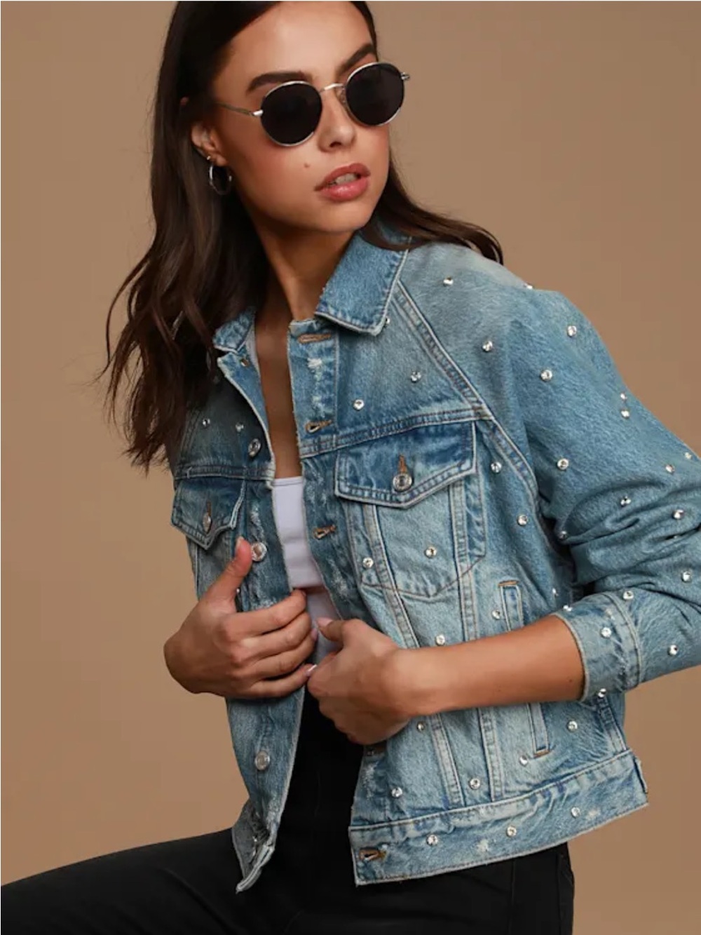 We The Free Free People Night After Night Denim Rhinestone Jacket